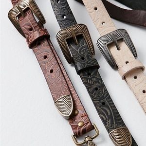 Free People Western Tooled Leather Suspenders Belted Boho Floral Pattern Carved